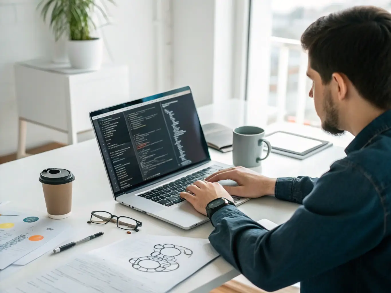 An image showing a developer working on a custom software interface on a computer screen, highlighting the bespoke software development process.