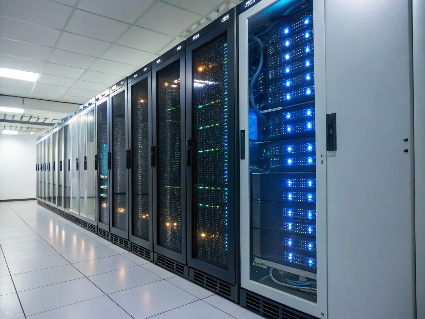 An image of a cloud infrastructure with interconnected servers and data flow, illustrating the scalability and accessibility of cloud solutions.